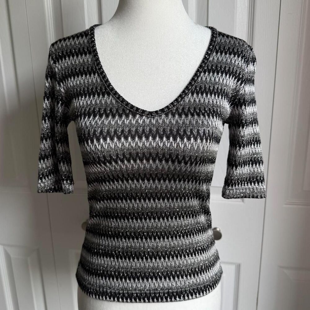 Vintage 90s Y2K black & white zigzag sparkly top size L by IZ Byer